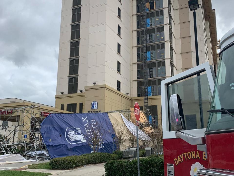 According to a social media post from Halifax Hospital, heavy wind gusts caused the banner to pull down the metal scaffolding in the afternoon.