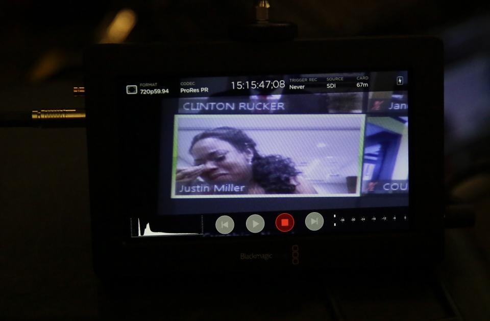 On a video conference call, Tomika Miller, widow of Rayshard Brooks speaks to Judge Jane C. Barwick during a bond hearing for former Atlanta police officer Garrett Rolfe on Tuesday, June 30, 2020, in Atlanta. Rolfe, who fatally shot Rayshard Brooks can be free on bond while his case is pending. A judge set a bond of $500,000 for Rolfe, who faces charges including felony murder in the killing of the 27-year-old Black man. Rolfe fatally shot Brooks in the back when Brooks fired a Taser in his direction while running away after a struggle on June 12. (AP Photo/Brynn Anderson, Pool)