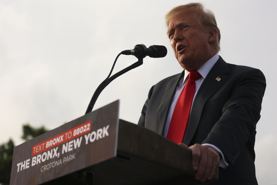 Former President Donald Trump speaks at a rally, Thursday, May 23, 2024, in the Bronx borough of New York. (AP Photo/Yuki Iwamura)