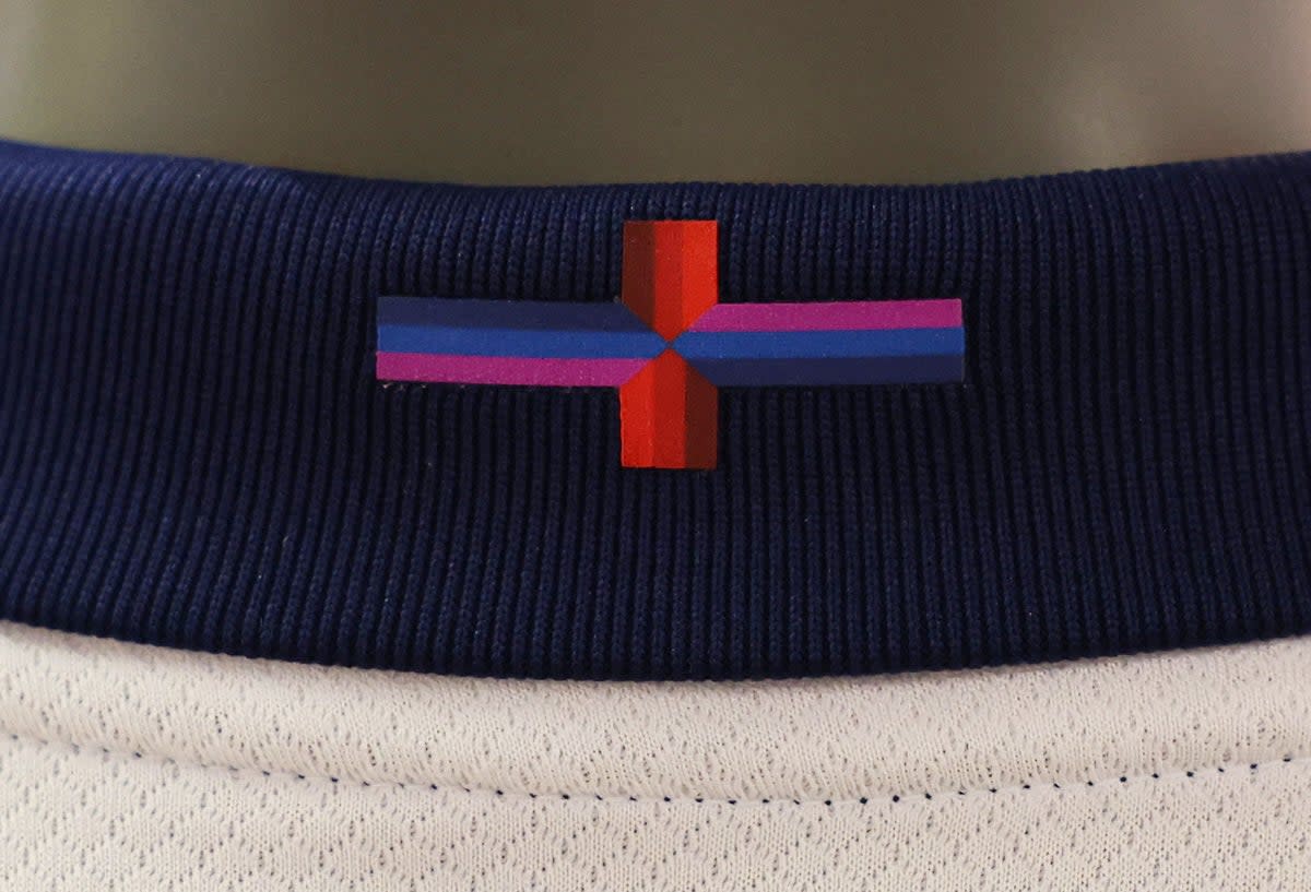 Nike altered the cross using purple and blue horizontal stripes on the back of the England Football Team’s shirt ahead of Euro 2024 (Action Images via Reuters)