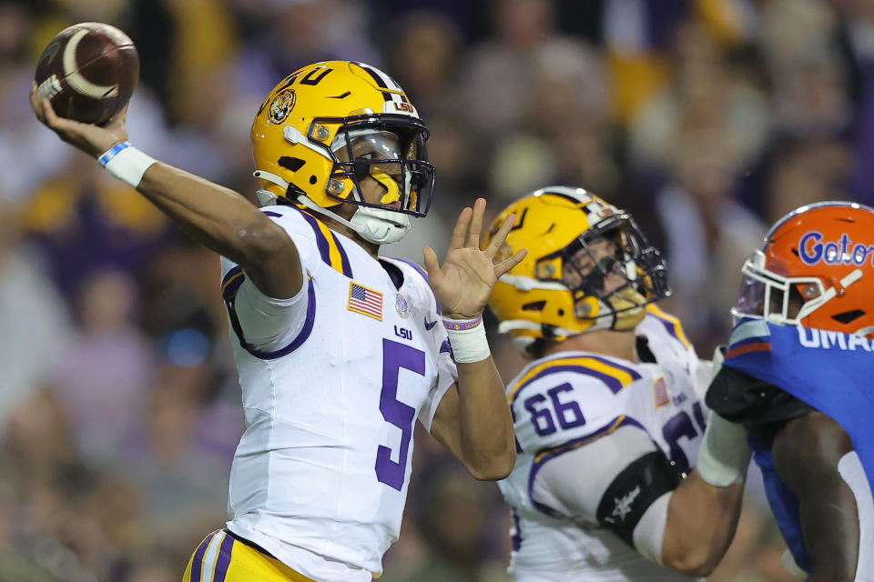 Jayden Daniels is one of several offensive players to be selected in the first round of the NFL Draft.  (Photo by Jonathan Bachman/Getty Images)