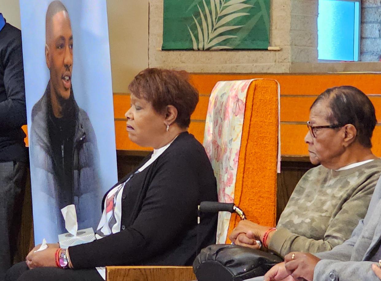 Jayland Walker's mother, Pamela, left, and grandmother Betty listen to a press conference by the family's attorneys following a Summit County grand jury's decision to not charge eight officers who shot and killed Walker June 27. Attorneys decried the decision and said they will push to hold Akron police accountable.