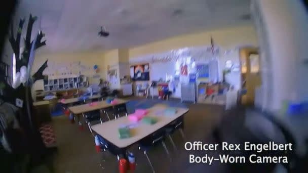 PHOTO: An image from Metro Nashville Police bodycam footage shows officers searching for the alleged shooter at The Covenant School in Nashville, Tenn., March 27, 2023. (Metropolitan Nashville Police Dept.)