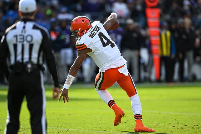 Cleveland Browns quarterback Deshaun Watson loses his balance against the Baltimore Ravens on Sunday at M&T Bank Stadium in Baltimore. Photo by David Tulis/UPI