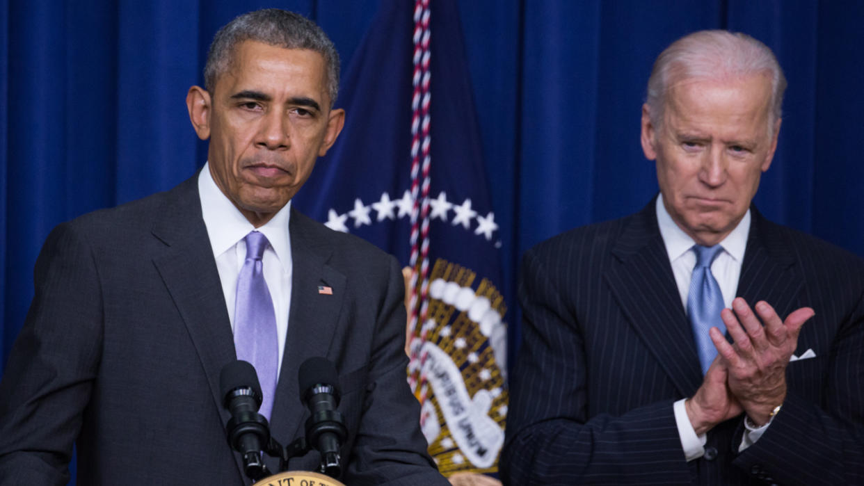 President Barack Obama made remarks, with VP Joe Biden by his side, before signing the 21st Century Cures Act, in the South Court Auditorium of the Eisenhower Executive Office Building of the White House in Washington, DC. on December 13, 2016. (Cheriss May/NurPhoto via Getty Images)