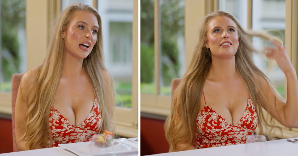 A plate is seen in front of Tayla (left) while there is no plate in front of her (right). 