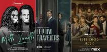 This combination of photos shows promotional art for the documentary "Milli Vanilli," premiering Oct. 24 on Paramount+, left, "Fellow Travelers," a series debuting Friday, Oct. 27 on Paramount+ and Oct. 29 on Showtime, center, and "The Gilded Age," back for a second season Oct. 29, on HBO and streaming on Max. (Paramount+/Showtime/Max via AP)