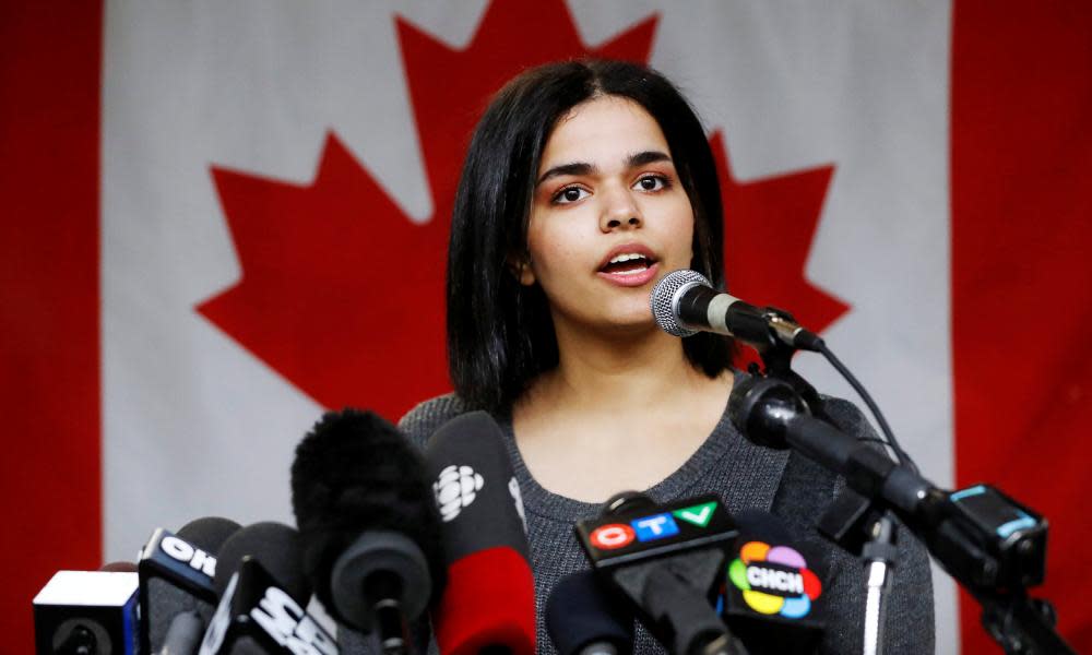 Rahaf Mohammed speaks in Toronto, Canada on 15 January. 