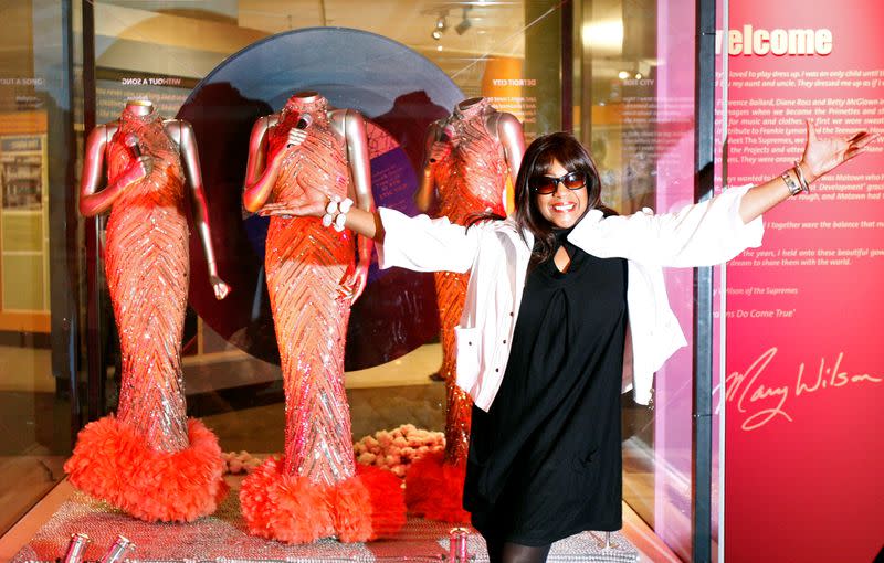 FILE PHOTO: Singer Mary Wilson, former member of The Supremes, waves to photographers at the 'The Story of the Supremes' exhibition at the Victoria and Albert Museum in London