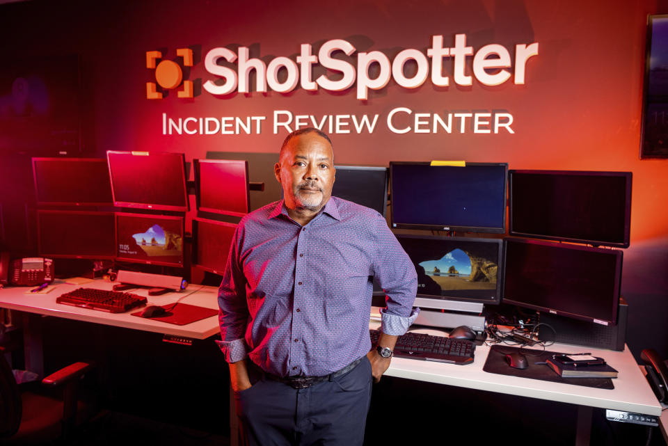 FILE - ShotSpotter CEO Ralph Clark stands for a portrait at one of the company's facilities in Newark, Calif., on Tuesday, Aug, 10, 2021. Clark has said that the system’s machine classifications are improved by its “real-world feedback loops from humans.” However, a 2022 study found humans tend to overestimate their abilities to identify sounds. (AP Photo/Josh Edelson, File)