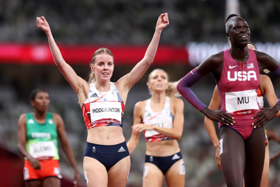 Keely Hodgkinson of Team Great Britain celebrates as she wins the silver medal (Getty)