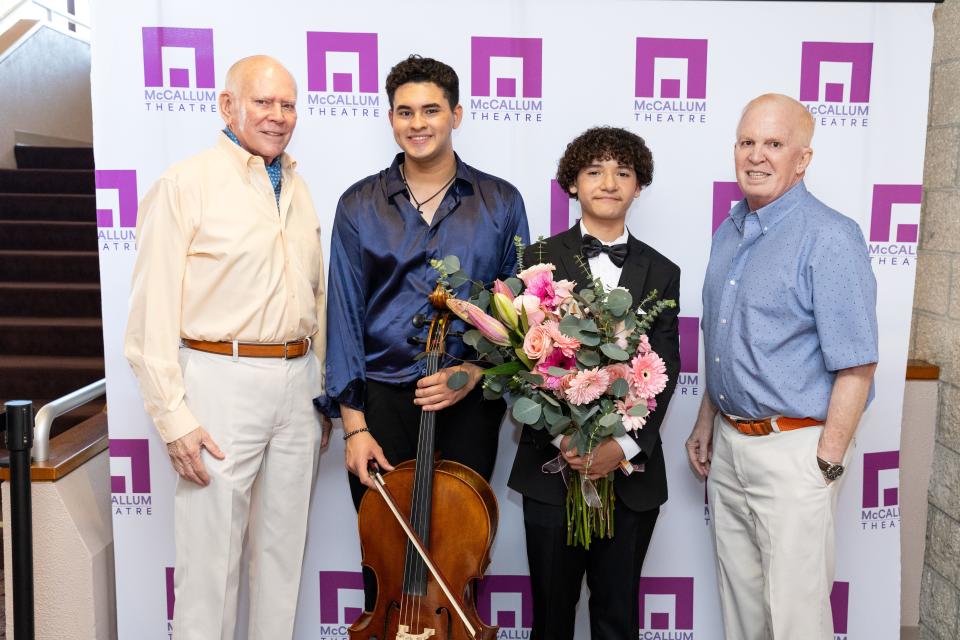 Bob Archer, instrumental award winner Josh Witte, grand prize winner Richard Caldera and Chuck Hilliar pose at the McCallum Theatre's annual Open Call Talent Project on April 21, 2024.