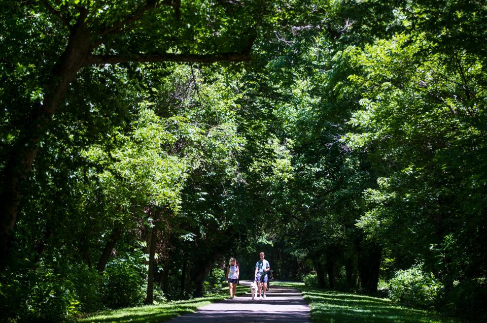 Whether you walk or take a bike ride, the Little Miami Scenic Trail offers over 70 miles along the the Little Miami River. The paved path goes through Loveland, Milford, Newtown, Miami Township and Lebanon. In 1870 the Pennsylvania Railroad was built along what is now the trail. Trains stopped in 1962 and in 1983 the Ohio Dept. of Natural Resources begin paving the trail for public use. 
Loveland, Ohio. June 22, 2021.