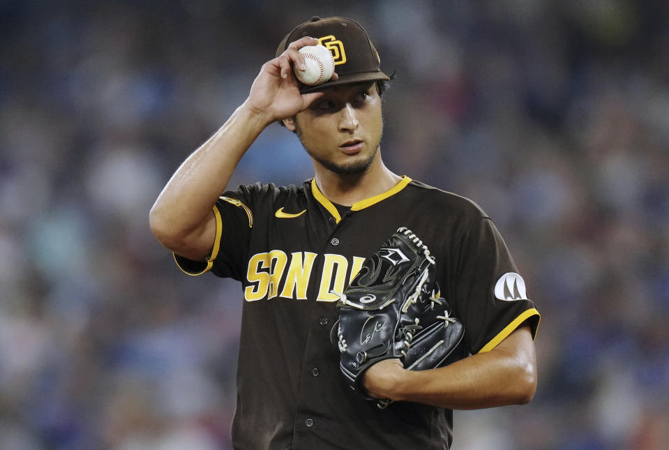 San Diego Padres starting pitcher Yu Darvish stands on the mound during the first inning of the team's baseball game against the Toronto Blue Jays on Wednesday, July 19, 2023, in Toronto. (Chris Young/The Canadian Press via AP)