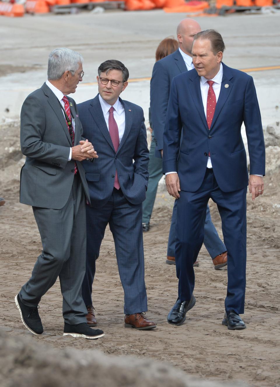 House Speaker Mike Johnson, center, is accompanied by Sarasota Bradenton International Airport CEO Rick Piccolo, left, and Rep. Vern Buchanan, right, on a tour of the terminal expansion project at the airport Monday. Johnson is in Sarasota for a fundraiser with Rep. Buchanan on Monday night.