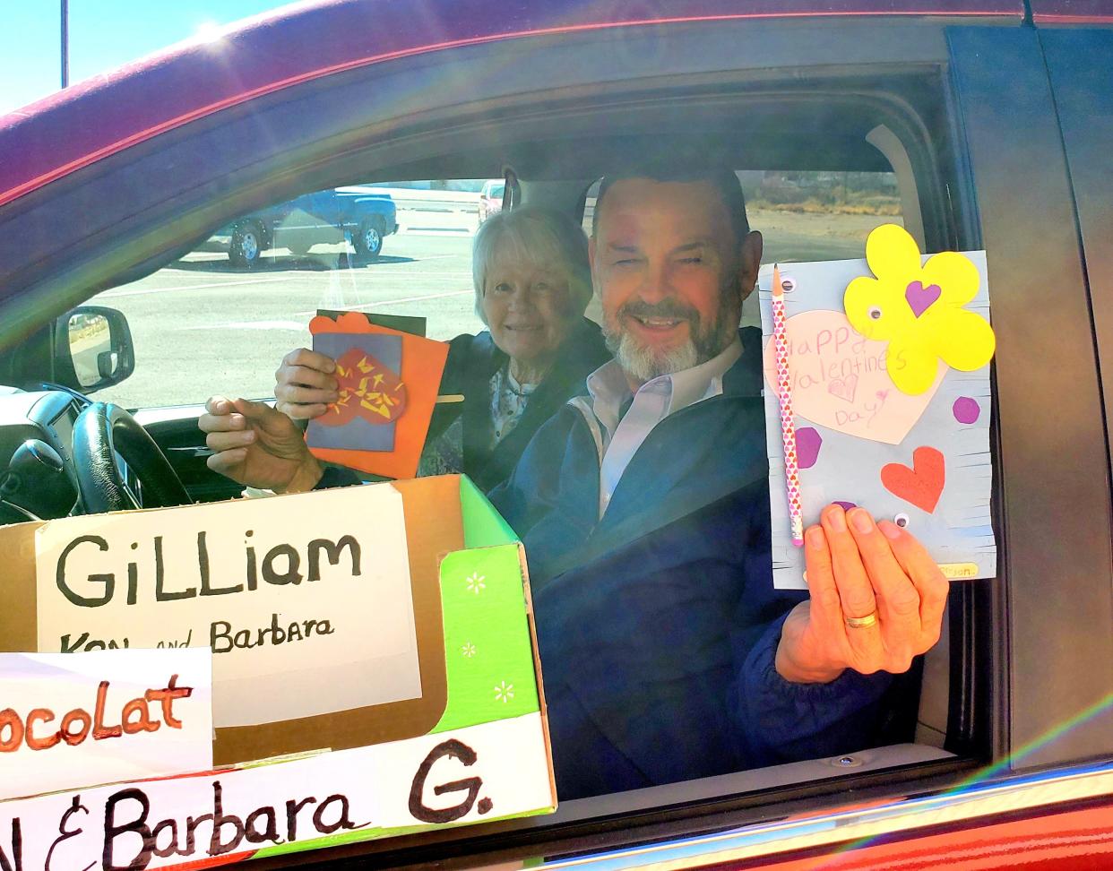 Barbara and Ken Gilliam were excited to receive a special Valentine's Card at the Deming Senior Center on Monday. The Deming Senior Center distributed 300 Valentine's Cards to senior citizens on Monday. The cards were made by students from Mrs. Reynolds and Mrs. Holguin's third-grade classrooms at Bell Elementary School and students from Mrs. Mary Almanza's third-grade class at Bataan Elementary School, and from Columbus Elementary School Librarian Margarita Calderon, with students from that school. The project was supported by Western Heritage Bank.