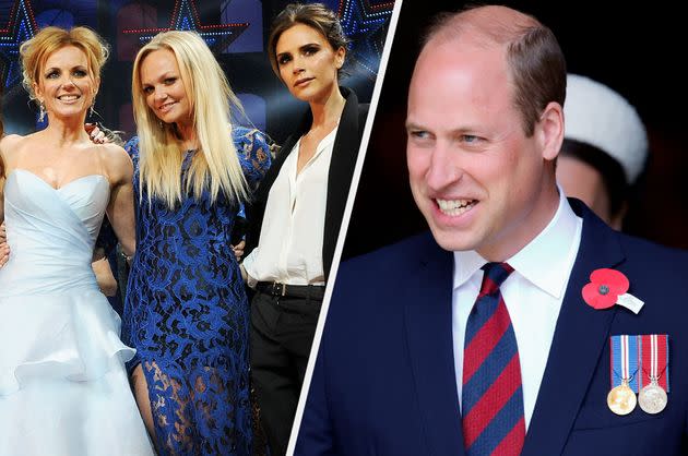 (L-R) Geri, Emma and Victoria of the Spice Girls and Prince William. (Photo: Getty)