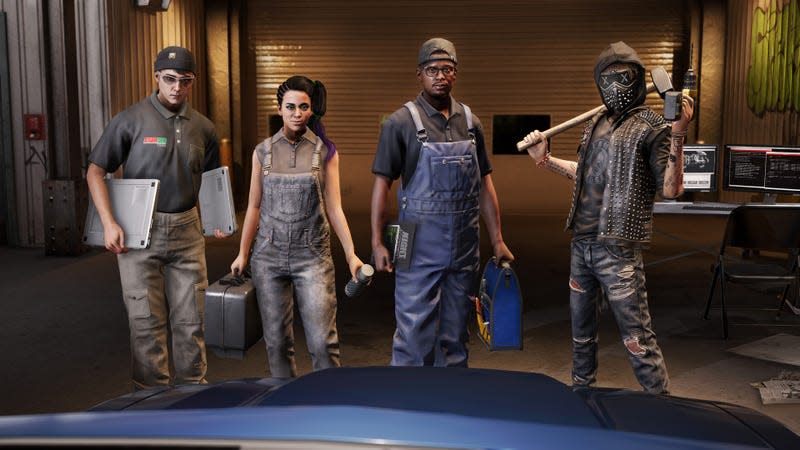 An image of the main Watch Dogs 2 cast standing in front of a blue car in a garage.