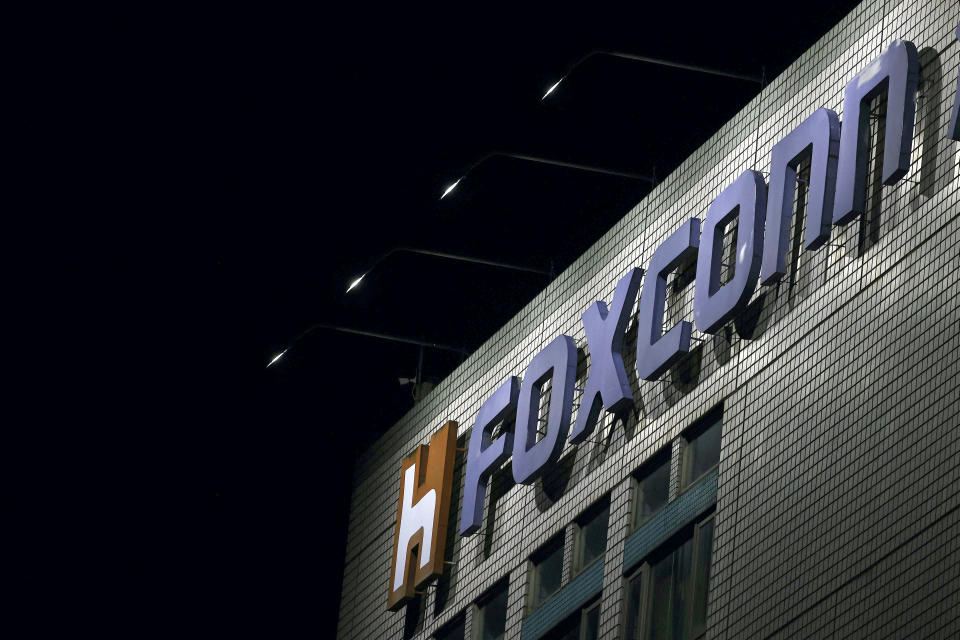 The logo of Foxconn is seen outside the company's building in Taipei, Taiwan November 10, 2022. REUTERS/Ann Wang