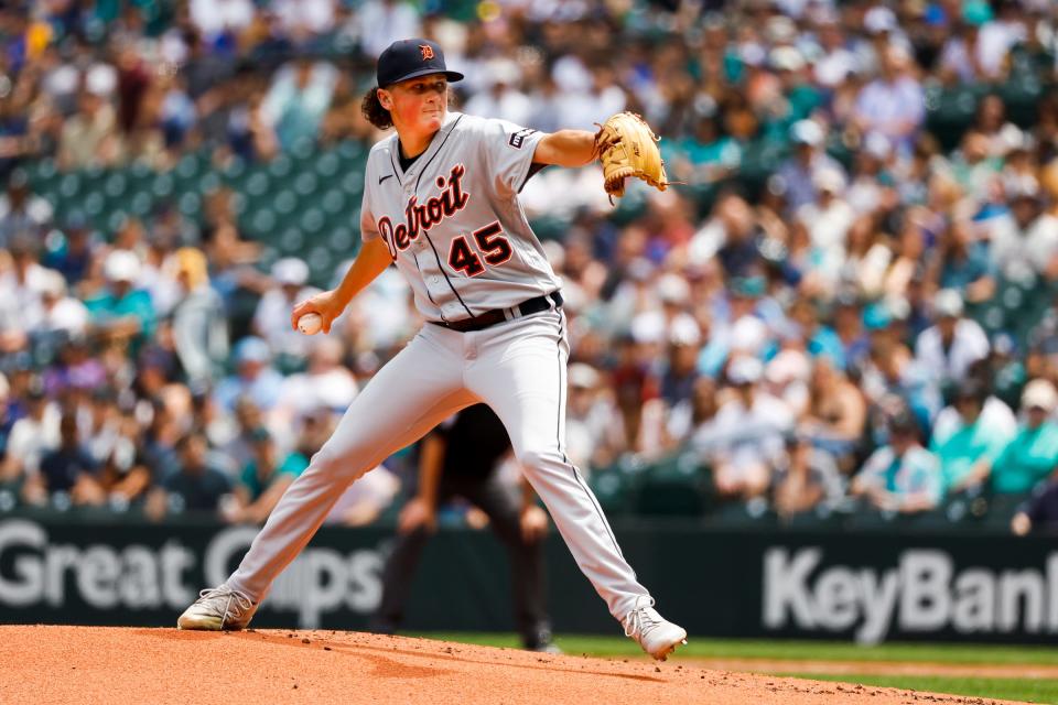 Detroit Tigers starting pitcher Reese Olson (45) throws against the Seattle Mariners during the first inning at T-Mobile Park in Seattle, Washington on July 16, 2023.