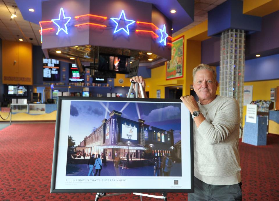 Bill Hanney proposes changes to the movie theater at Cape Cod Mall. He was photographed at Entertainment Cinemas with a rendering of his proposed project on Thursday, August 8, 2024.