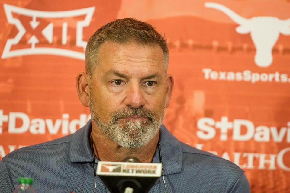 Texas Longhorns defensive coordinator Pete Kwiatkowski answer questions from the local news media during the first press conferences for the 2023 football season on August 1, 2023.