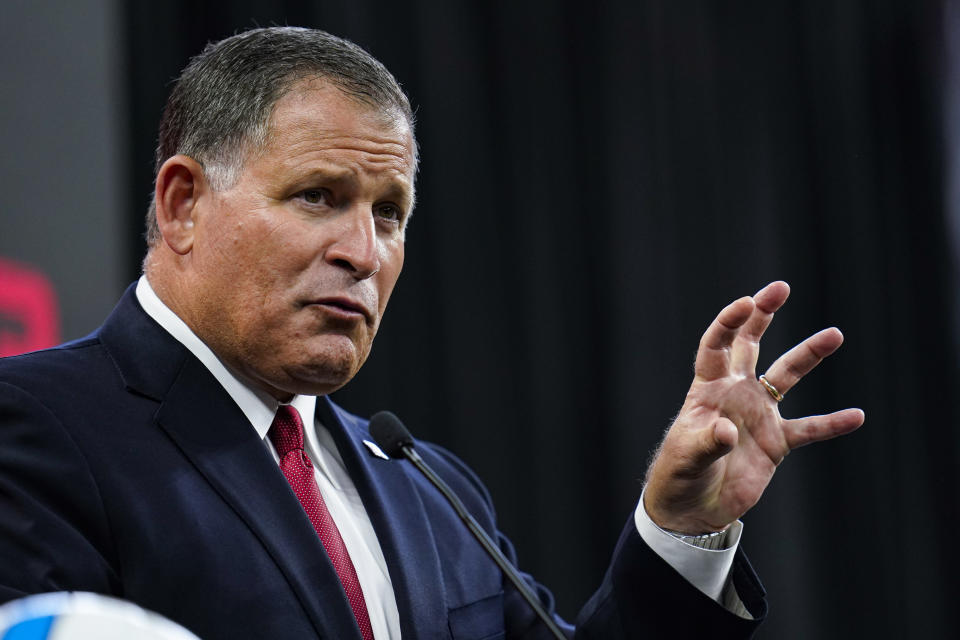 Rutgers head coach Greg Schiano talks to reporters during an NCAA college football news conference at the Big Ten Conference media days, at Lucas Oil Stadium in Indianapolis, Friday, July 23, 2021. (AP Photo/Michael Conroy)