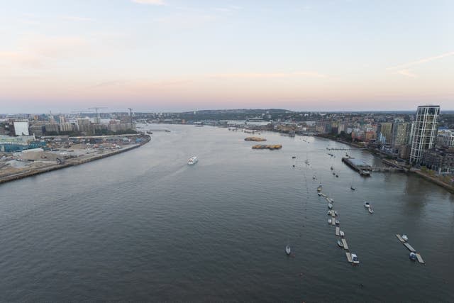 A view from the Emirates Air Line looking down the River Thames in North Greenwich, east London