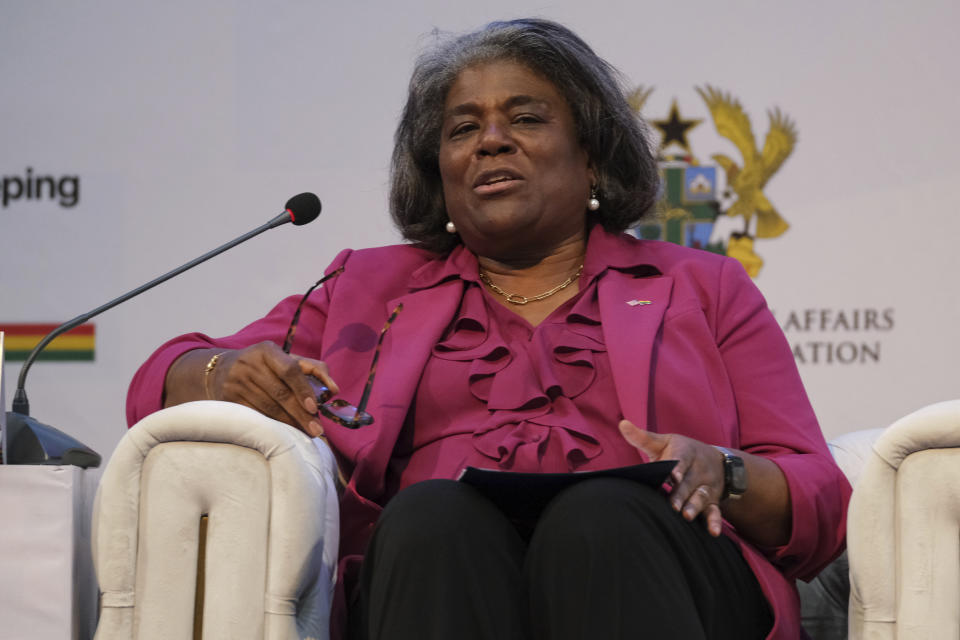 Ambassador Linda Thomas-Greenfield, Permanent Representative of the United States to the United Nations, speaks at the UN Peacekeeping ministerial meeting at the Accra International Conference Center in Ghana on Wednesday, Dec. 6, 2023. The United Nations Peacekeeping efforts is under resourced as its $5.5 billion budget for worldwide operations is less than the New York Police Department's $6.1 billion budget, even though it has 30,000 more personnel, according to Jean-Pierre Lacroix, UN Under-Secretary General, Peace operations. (AP Photo/Misper Apawu)