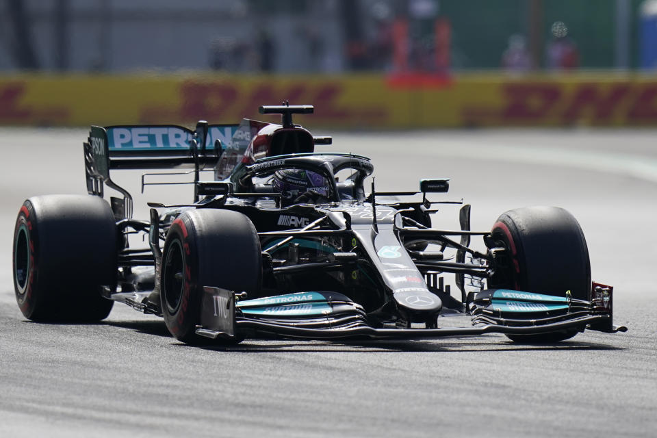 Mercedes driver Lewis Hamilton, of Britain, drives his car during the third practice run of the Formula One Mexico Grand Prix auto race at the Hermanos Rodriguez racetrack in Mexico City, Saturday, Nov. 6, 2021. (AP Photo/Eduardo Verdugo)