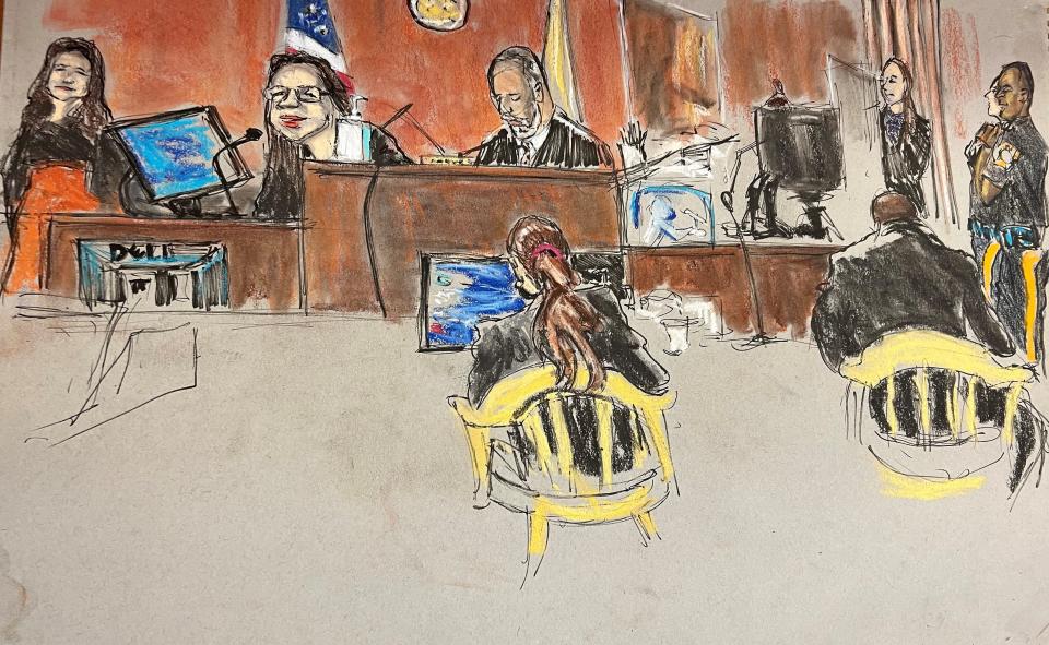 A courtroom artist's sketch of testimony given by one of two forensic scientists in the retrial of Randy Manning on May 18, 2023