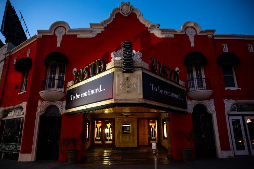 LOS ANGELES, CA - APRIL 21: The Vista theatre on Sunset Drive in Los Angeles, CA, is closed and left the message, "To Be Continued...," on its marquee, during the coronavirus pandemic, photographed Tuesday, April 21, 2020. (Jay L. Clendenin / Los Angeles Times)