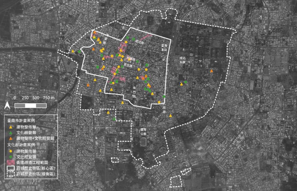 府城歷史街區補助案例分布示意圖。圖片來源：好舊好團隊繪製