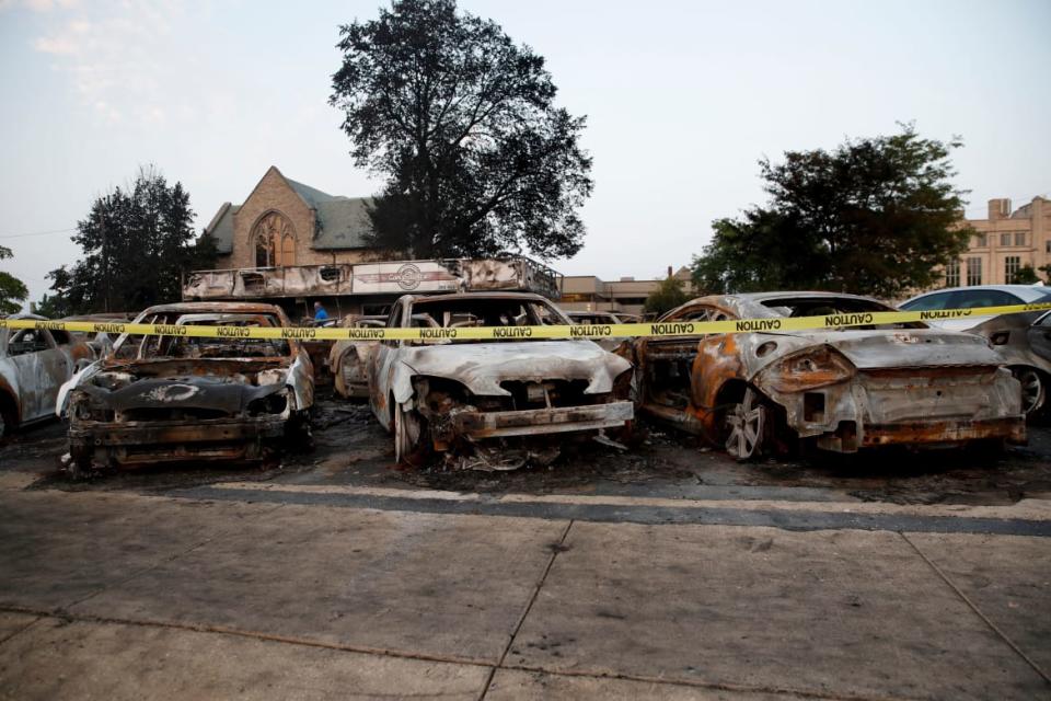 <div class="inline-image__caption"><p>The remains of cars burned during the previous day's protest are seen in Kenosha, Wisconsin on August 24, 2020.</p></div> <div class="inline-image__credit">KAMIL KRZACZYNSKI/AFP via Getty Images</div>