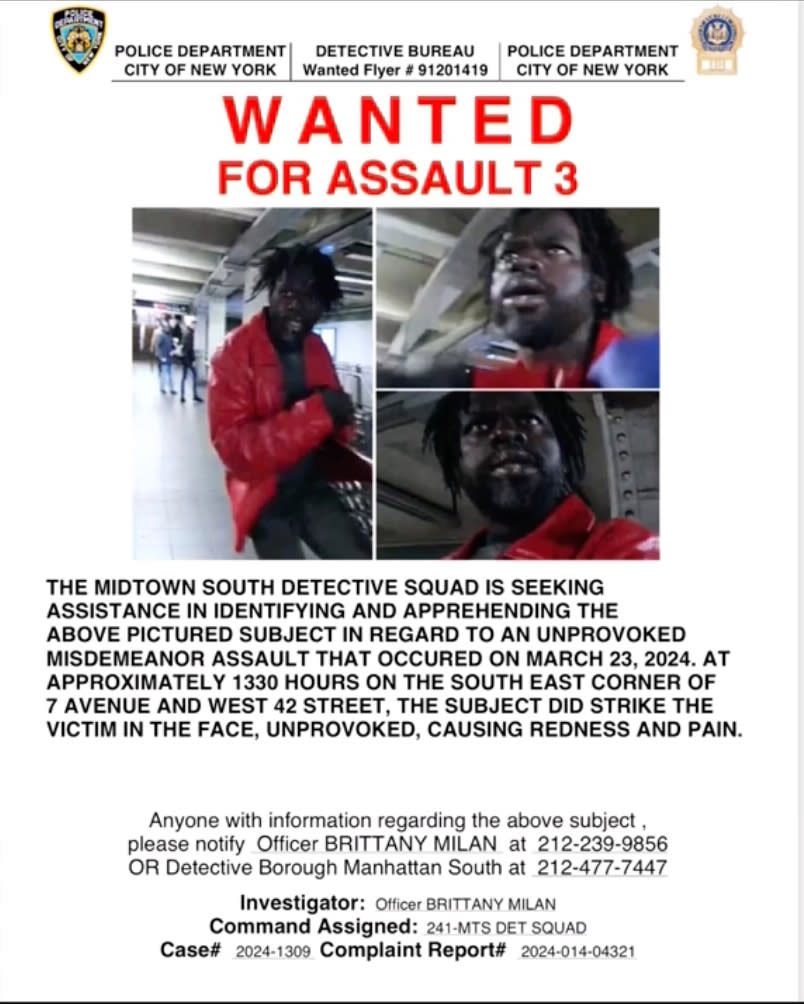 On Saturday, March 23, a 25-year-old woman reported she was slapped in the forehead by an individual at West 42nd Street and Seventh Avenue, a DCPI Spokesperson told The Post, confirming that no arrests were made for that incident and the investigation is ongoing with a “Wanted” sign circulating the a man, pictured here, in a red jacket. @ malous228/ TikTok