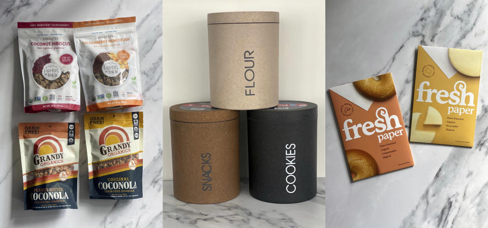 This combination of photos shows a variety of organic snack, left, upcycled storage containers by Loopy Products, center, and botanically infused papers from The Fresh Glow Co,. which are designed to keep foods fresher longer, and are organic and compostable. (Katie Workman via AP)