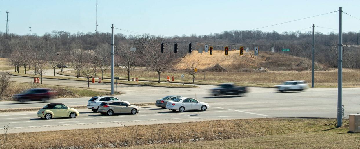 Traffic passes by North Park on Ind. 46, an area the Monroe County commissioners are exploring for a new county jail, on Thursday, Feb. 29, 2024.