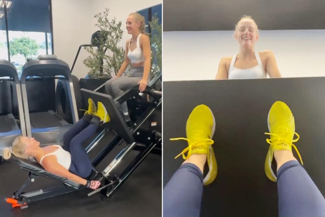 <p>Jennie Garth/Instagram</p> Jennie Garth uses daughter Lola, 21, as a weight at the gym.