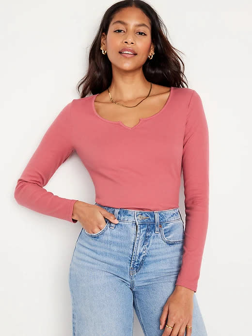 model wears pink Fitted Long-Sleeve Rib-Knit T-Shirt