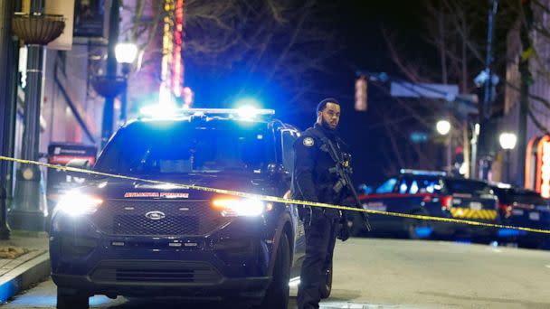 PHOTO: Police block downtown streets following a protest, Saturday, Jan. 21, 2023, in Atlanta, in the wake of the death of an environmental activist killed after authorities said the 26-year-old shot a state trooper. (Alex Slitz/AP)