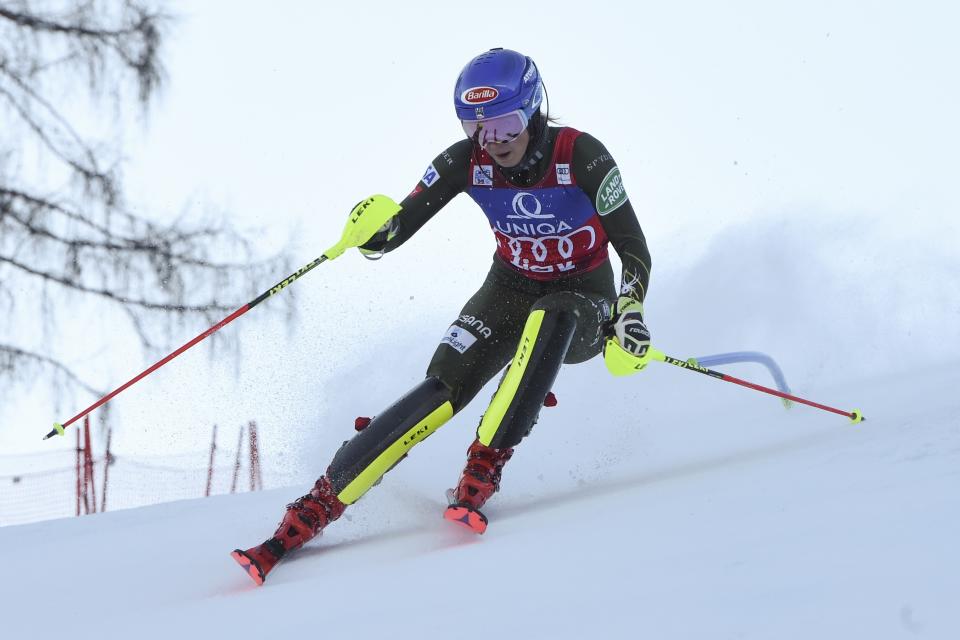 United States' Mikaela Shiffrin speeds down the course during an alpine ski, women's World Cup slalom in Lienz, Austria, Sunday Dec. 29, 2019. (AP Photo/Pier Marco Tacca)