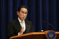 Japanese Prime Minister Fumio Kishida speaks during a press conference at the prime minister's official residence, Wednesday, Aug. 10, 2022, in Tokyo. Kishida reshuffled his Cabinet on Wednesday in an apparent bid to distance his administration from the conservative Unification Church over its ties to the assassinated leader Shinzo Abe and senior ruling party members. (Rodrigo Reyes Marin/Pool Photo via AP)