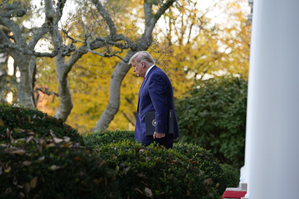 President Donald Trump arrives to speak in the Rose Garden of the White House, Friday, Nov. 13, 2020, in Washington. (AP Photo/Evan Vucci)