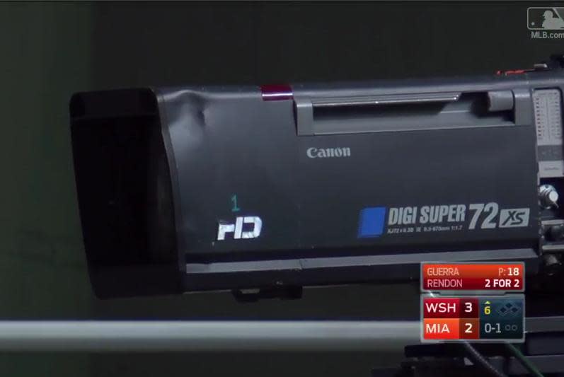 A look at the HD camera that was dented by Giancarlo Stanton’s home run during their Labor Day loss to the Nationals. (MLB.TV)