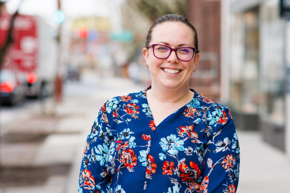 Outgoing executive director of Main Street Hanover, Justine Trucksess poses for a portrait on Frederick Street, Thursday, March 28, 2024, in Hanover Borough.