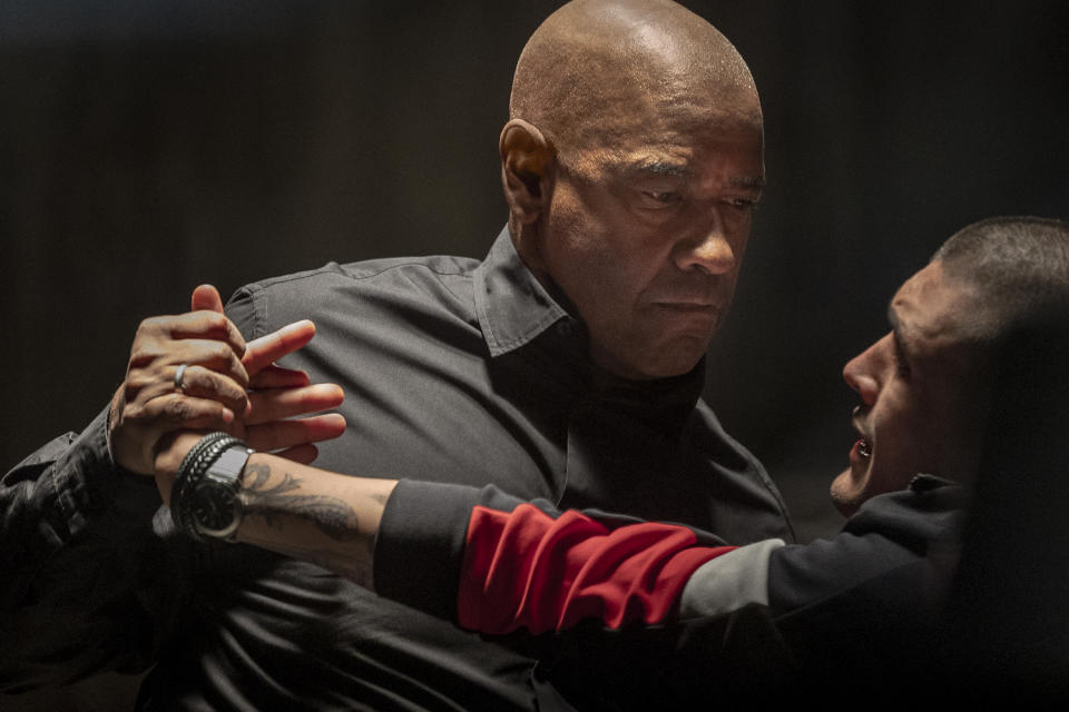 This image released by Sony Pictures Entertainment shows Denzel Washington, left, and Andrea Dodero in a scene from "The Equalizer 3." (Stefano Montesi/Sony Pictures Entertainment via AP)