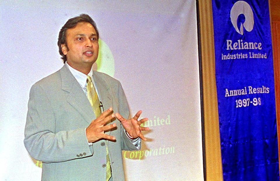Anil Ambani, the managing director of Reliance Industries, addressing a press conference at the Oberoi Hotel in south Bombay to announce the company's 1997-98 financial results 27 April. Reliance saw a 25-percent increase in net profit to 424 million dollars.