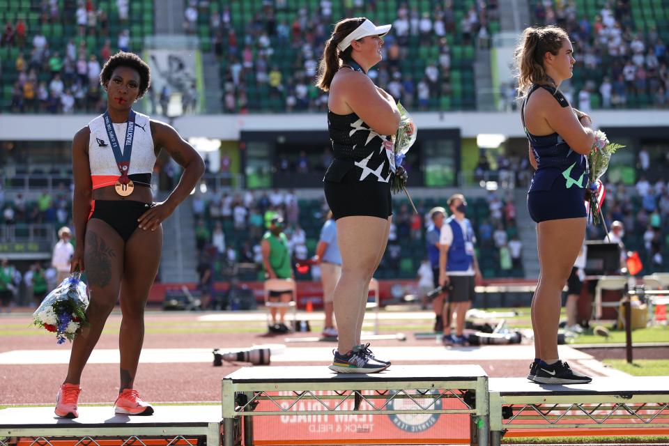 Gwen Berry turns away from US flag during the national anthem on day nine of the 2020 US Olympic Track & Field Team Trials in Eugene, Oregon (Getty)