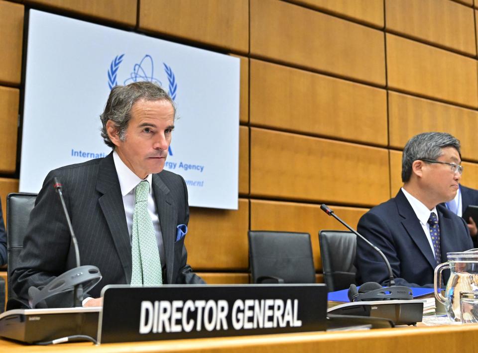 Rafael Grossi, Director General of the International Atomic Energy Agency (IAEA) (L) and China's Ambassador to the Permanent Mission at the United Nations Wang Qun attend the quarterly IAEA Board of Governors meeting at the agency headquarters in Vienna, Austria, June 6, 2022. / Credit: JOE KLAMAR/AFP/Getty