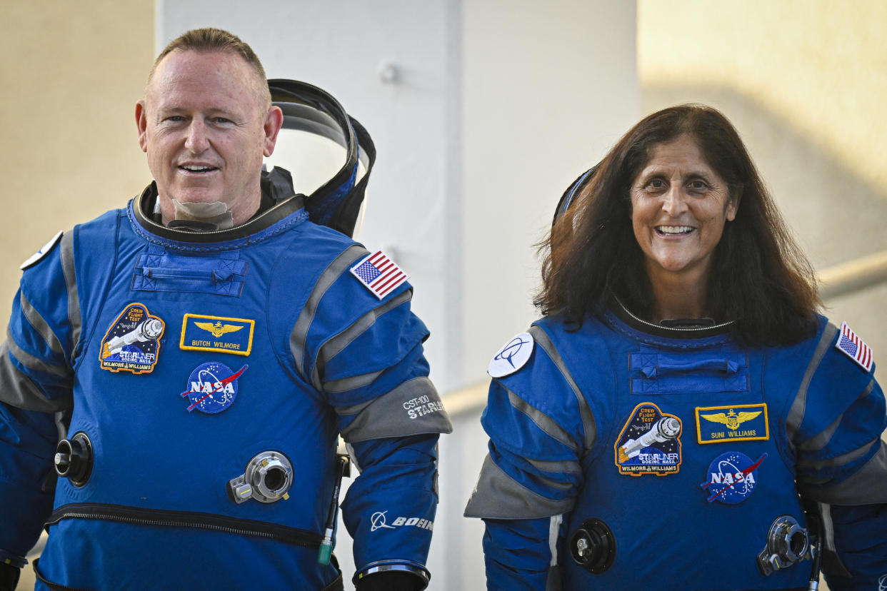 NASA astronauts  Butch Wilmore and Suni Williams depart the Kennedy Space Center for to board the Boeing Starliner on June 5, 2024. (Photo by MIGUEL J. RODRIGUEZ CARRILLO/AFP via Getty Images)